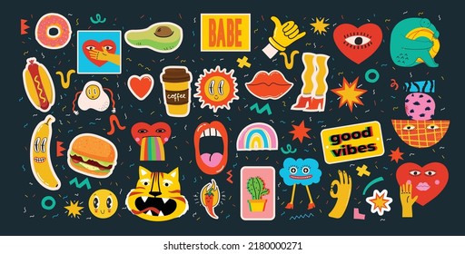 Big Set of Different colored Vector illustartions for posters in Cartoon Flat design. Hand drawn Abstract shapes, faces, different texture funny Comic characters.
