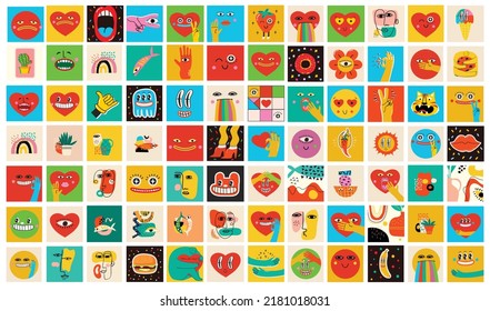 Big Set of Different colored Vector illustartions for posters in Cartoon Flat design. Hand drawn Abstract shapes, faces, different texture funny Comic characters.