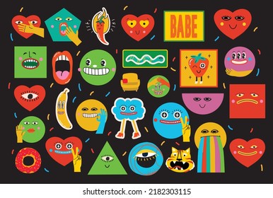 Big Set of Different colored Vector illustartions for posters in Cartoon Flat design. Hand drawn Abstract shapes, faces, different texture funny Comic characters.