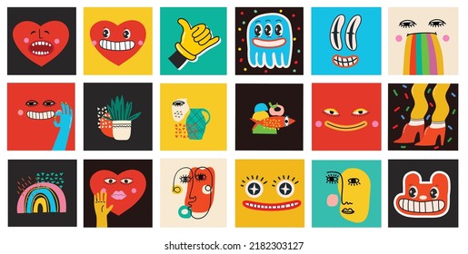 Big Set of Different colored Vector illustartions for posters in Cartoon Flat design. Hand drawn Abstract shapes, faces, different texture funny Comic characters.
