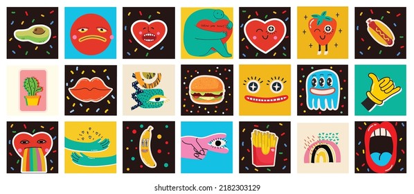 Big Set of Different colored Vector illustartions for posters in Cartoon Flat design. Hand drawn Abstract shapes, faces, different texture funny Comic characters.