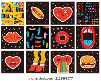 Big Set of Different colored Vector illustartions for posters in Cartoon Flat design. Hand drawn Abstract shapes, faces, different texture funny Comic characters.