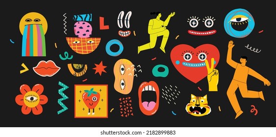 Big Set of Different colored Vector illustartions for posters in Cartoon Flat design. Hand drawn Abstract shapes, faces, different texture funny Comic characters.