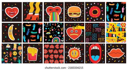 Big Set of Different colored Vector illustartions for posters in Cartoon Flat design. Hand drawn Abstract shapes, faces, different texture funny Comic characters.