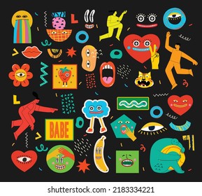 Big Set of Different colored Vector illustartions for posters in Cartoon Flat design. Hand drawn Abstract shapes, faces, different texture funny Comic characters.