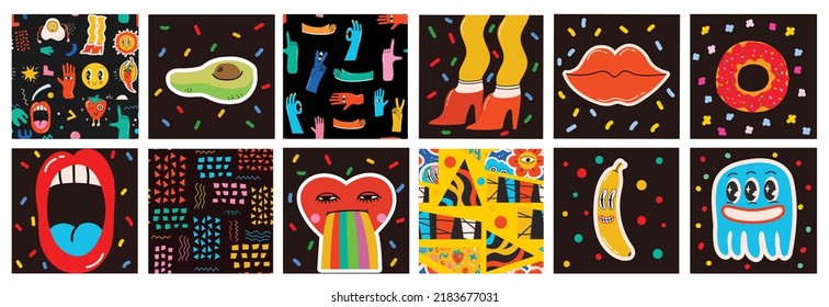 Big Set of Different colored Vector illustartions for posters in Cartoon Flat design. Hand drawn Abstract shapes, faces, different texture funny Comic characters.