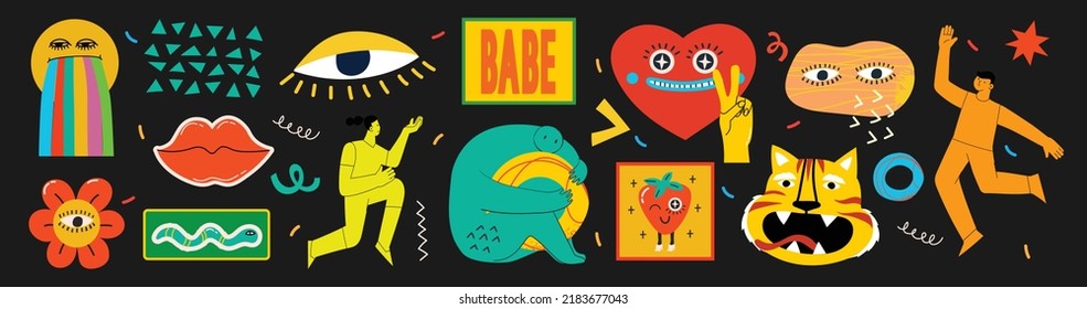 Big Set of Different colored Vector illustartions for posters in Cartoon Flat design. Hand drawn Abstract shapes, faces, different texture funny Comic characters.