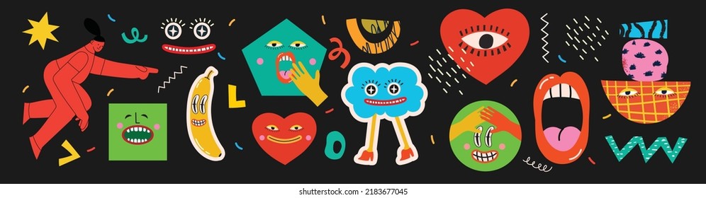 Big Set of Different colored Vector illustartions for posters in Cartoon Flat design. Hand drawn Abstract shapes, faces, different texture funny Comic characters.