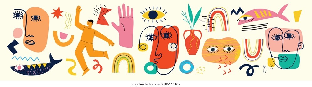 Big Set of Different colored Vector illustartions for posters in Cartoon Flat design. Hand drawn Abstract shapes, faces, different texture funny Comic characters.