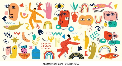 Big Set of Different colored Vector illustartions for posters in Cartoon Flat design. Hand drawn Abstract shapes, faces, different texture funny Comic characters.