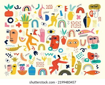 Big Set of Different colored Vector illustartions for posters in Cartoon Flat design. Hand drawn Abstract shapes, faces, different texture funny Comic characters.