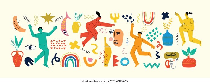 Big Set of Different colored Vector illustartions for posters in Cartoon Flat design. Hand drawn Abstract shapes, faces, different texture funny Comic characters.