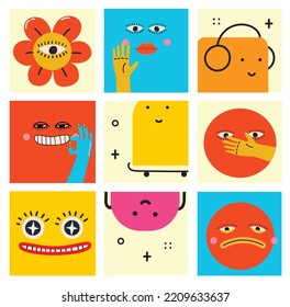 Big Set of Different colored Vector illustartions for posters in Cartoon Flat design. Hand drawn Abstract shapes, faces, different texture funny Comic characters.