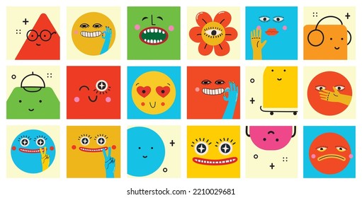Big Set of Different colored Vector illustartions for posters in Cartoon Flat design. Hand drawn Abstract shapes, faces, different texture funny Comic characters.