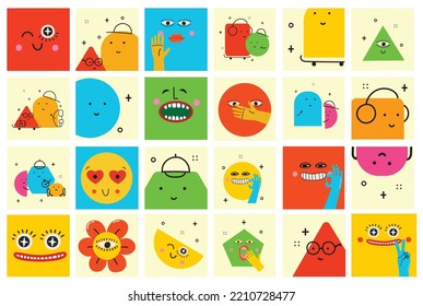 Big Set of Different colored Vector illustartions for posters in Cartoon Flat design. Hand drawn Abstract shapes, faces, different texture funny Comic characters.