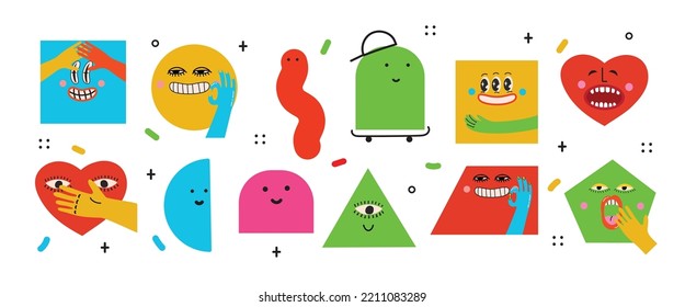 Big Set of Different colored Vector illustartions for posters in Cartoon Flat design. Hand drawn Abstract shapes, faces, different texture funny Comic characters.