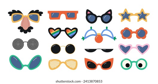 Big set of different colorful cute glasses. Party sunglasses in flat style. Festive funny accessories