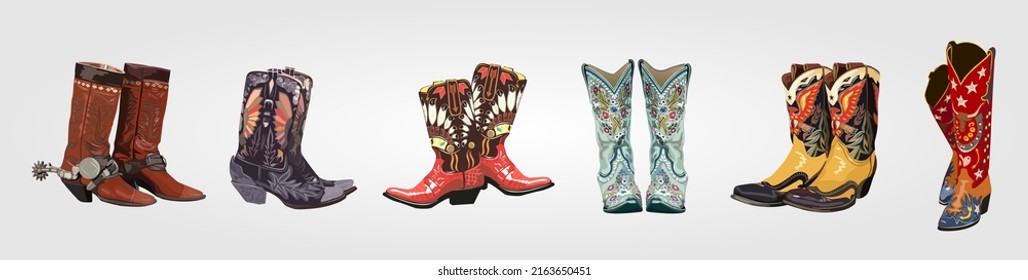 Big set of different cowgirl boots. Vintage cowboy boots collection. Stylish decorative cowgirl boots embroidered with traditional western decoration. Realistic hand drawn vector illustration.