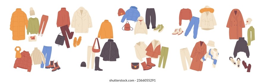 Big set of different cozy warm comfortable urban street casual garment apparel for woman attire