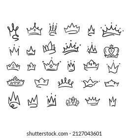 Big set different crown icons drawn in doodle style Vector illustration Crowns princes  princesses  kings  queens made by hand 