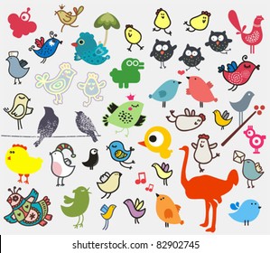 Big set of different cute birds (owl, ostrich, bullfinch, chicken ...). Vector icons for your design.