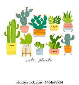 big set with different cute cacti with funny faces in pots on white background. vector illustration set with different cactuses. Cacti stickers set for children