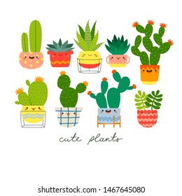 big set with different cute cacti and succulents with funny faces in pots on white background. Vector illustration set with different cactuses and succulents. Cacti stickers set for children