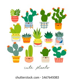 big set with different cute cacti and succulents with funny faces in pots on white background. Vector illustration set with different cactuses and succulents. Cacti stickers set for children