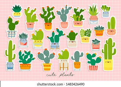 gran conjunto con diferentes cactus bonitos y adhesivos suculentos con caras graciosas en ollas de fondo rosa pastel. ilustraciones vectoriales con diferentes cactus. Plantilla de etiquetas Cacti para niños