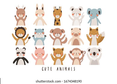 big set of different cute cartoon animal faces isolated on white background. Lion, bunny, cat, dog, elephant, bear, fox, monkey, deer. Vector animals set for nursery decor