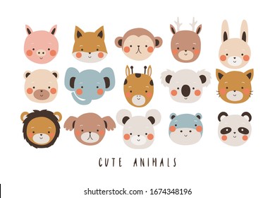 big set of different cute cartoon animal faces isolated on white background. Lion, bunny, cat, dog, elephant, bear, fox, monkey, deer. Vector animals set for nursery decor