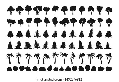 Big set of different dark silhouettes of trees and bushes. Vector illustration