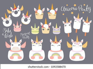 Big set of different desserts with cute funny unicorn faces, horns, ears, wings, lettering quotes. Isolated objects on gray background. Vector illustration. Flat style design. Concept children print.