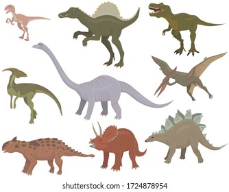 Big set of different dinosaurs. Herbivorous and carnivorous jurassic reptiles.