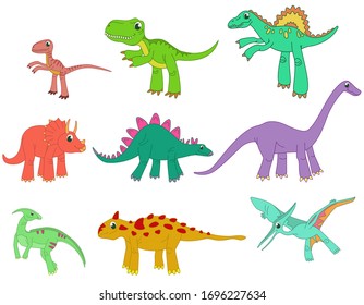 Big set of different dinosaurs. Prehistoric reptiles in cartoon style.