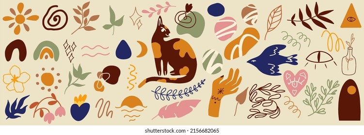 Big set of different doodles, animals and plants in boho style. Collection of summer vector badges. Flat design, cartoon style.