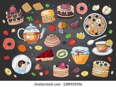 Big set of different elements of breakfast on chalkboard. Morning breakfast collection on blackboard.