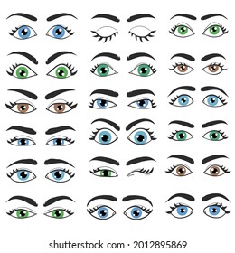 große Reihe verschiedener Emotionen Augen mit Augenbrauen für das Gesichtsdesign auf Weiß