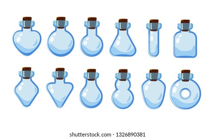 Big set with different empty bottles for mobile game. Isolated objects on white background. 