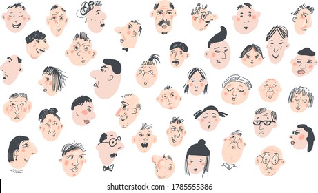 Big set of different faces and characters. Collection of emotions. Vector