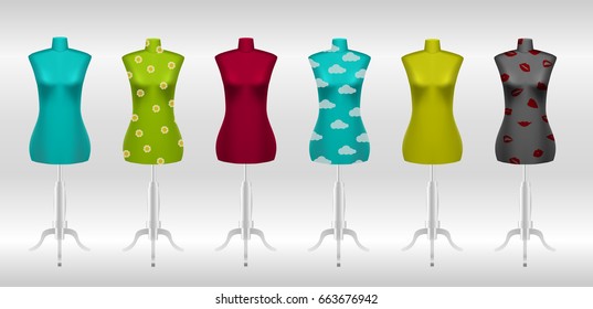 Big set of different female tailors dummy mannequins