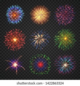 Big set of different fireworks with shining sparks. Colorful pyrotechnics show elements. Realistic fireworks celebration isolated on transparent background. Fantastic light performance in night sky.