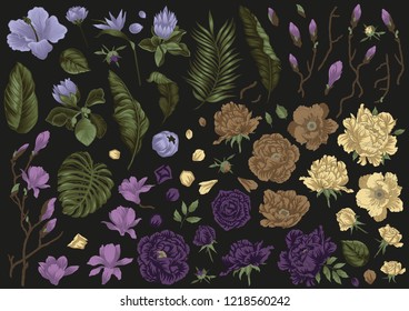 Big set of different flowers and leaves such as peonies, roses, Japanese sakura and some tropical one on black background