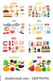 Big set of different food. Flour product, grocery, fish and sea food, milk and eggs, meat, drinks and alcohol, fruit and vegetables. Cartoon vector illustration.