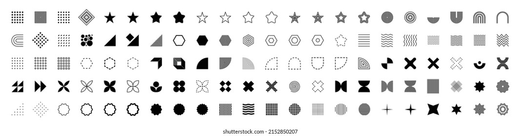 Big set of different geometric figures and shapes on a white background. Stars, dots, petals, arches, spirals, stickers, wavy and dotted lines, triangles and squares. Vector illustration.