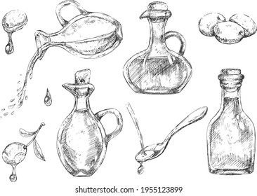 Big set of different glass oil bottles with olives, italian or greek cuisine graphic elements