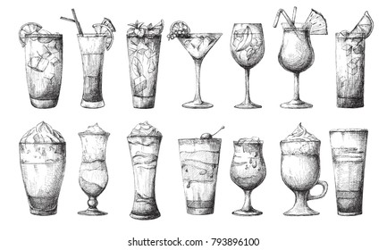 Big set of different glasses, different cocktails. Vector illustration of a sketch style.