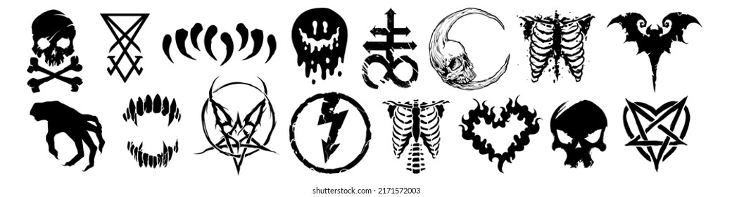 Big set different Gothic style design for prints  Trendy style illustration  T  shirt print for Horror Halloween  Hand drawing illustration isolated background  Vector EPS 10