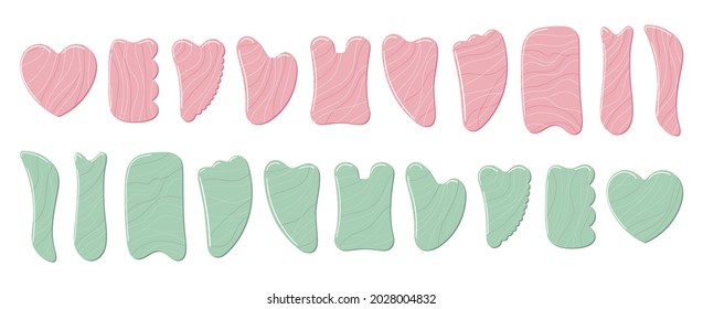 El gran conjunto de diferentes gua sha se compone de cuarzo de rosa y aventurina verde. Facial gua sha raspando herramientas de masaje. Cuidados de piel chinos. rutina de belleza en casa. Ilustración vectorial dibujada a mano. 