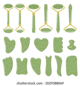 Un gran conjunto de diferentes gua, piedras de sha y rodillos, están hechos de jade verde. Facial gua sha raspando herramientas de masaje. rutina de belleza en casa. Concepto chino de cuidado de la piel. Ilustración vectorial dibujada a mano. 